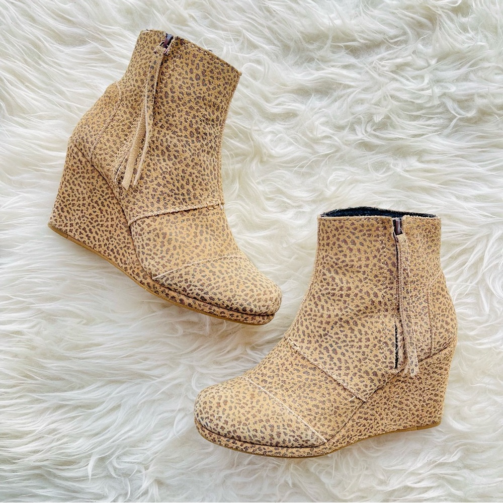 TOMS Cheetah Print Neutral Suede Wedge Zippered Bootie
